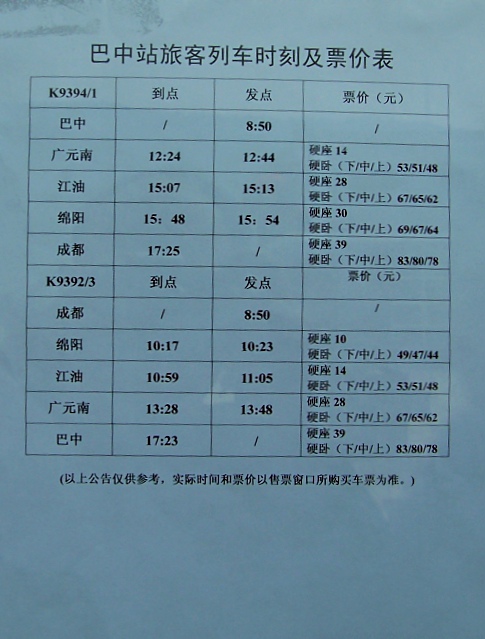 巴中火车站车次更新情况一览表